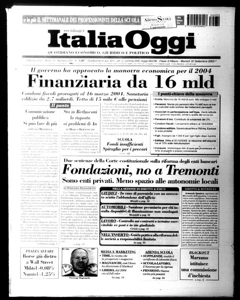 Italia oggi : quotidiano di economia finanza e politica